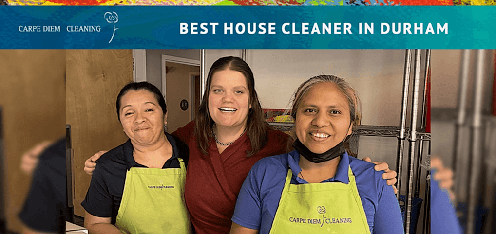 n image with text that say: The Battle of Bathroom Cleaning, with 3 ladies part of carpediem team.